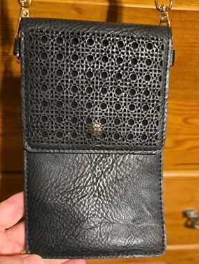 Black Leather Crossbody Phone Pouch with Laser-Cut Flap